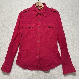 Tory Burch Womens Hot Pink Collared Button‎ Down Gold Buttons Blouse Size 8